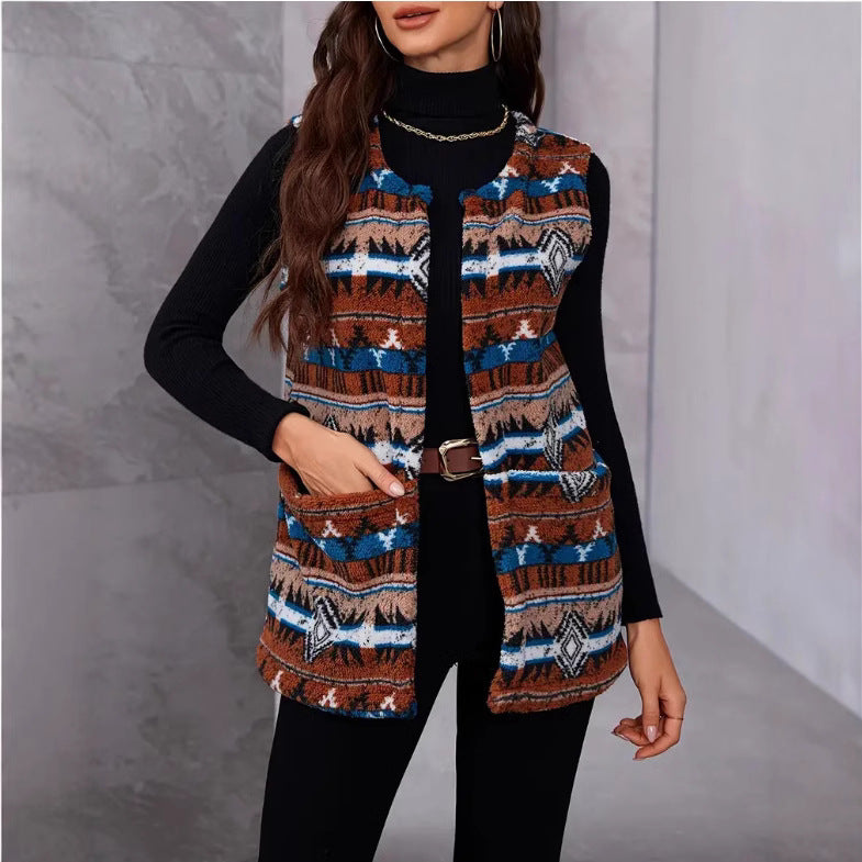 Autumn and Winter Ethnic Style Printed Large Pocket Plush Vest