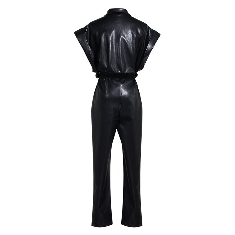 Sleek PU Leather Waist-Defining Jumpsuit