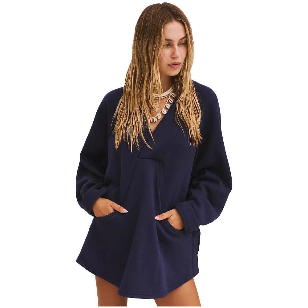 Casual Deep V-Neck Loose Pocket Sweatshirt for Women