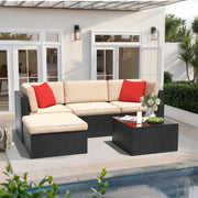 [All-Weather Outdoor Sofa] 5pcs Modular PE Rattan Patio Furniture Set, All-Weather Outdoor Sectional Sofa with Glass Coffee Table & Ottoman, Wicker Conversation Set for Backyard, Deck, Poolside (Red-Beige)
