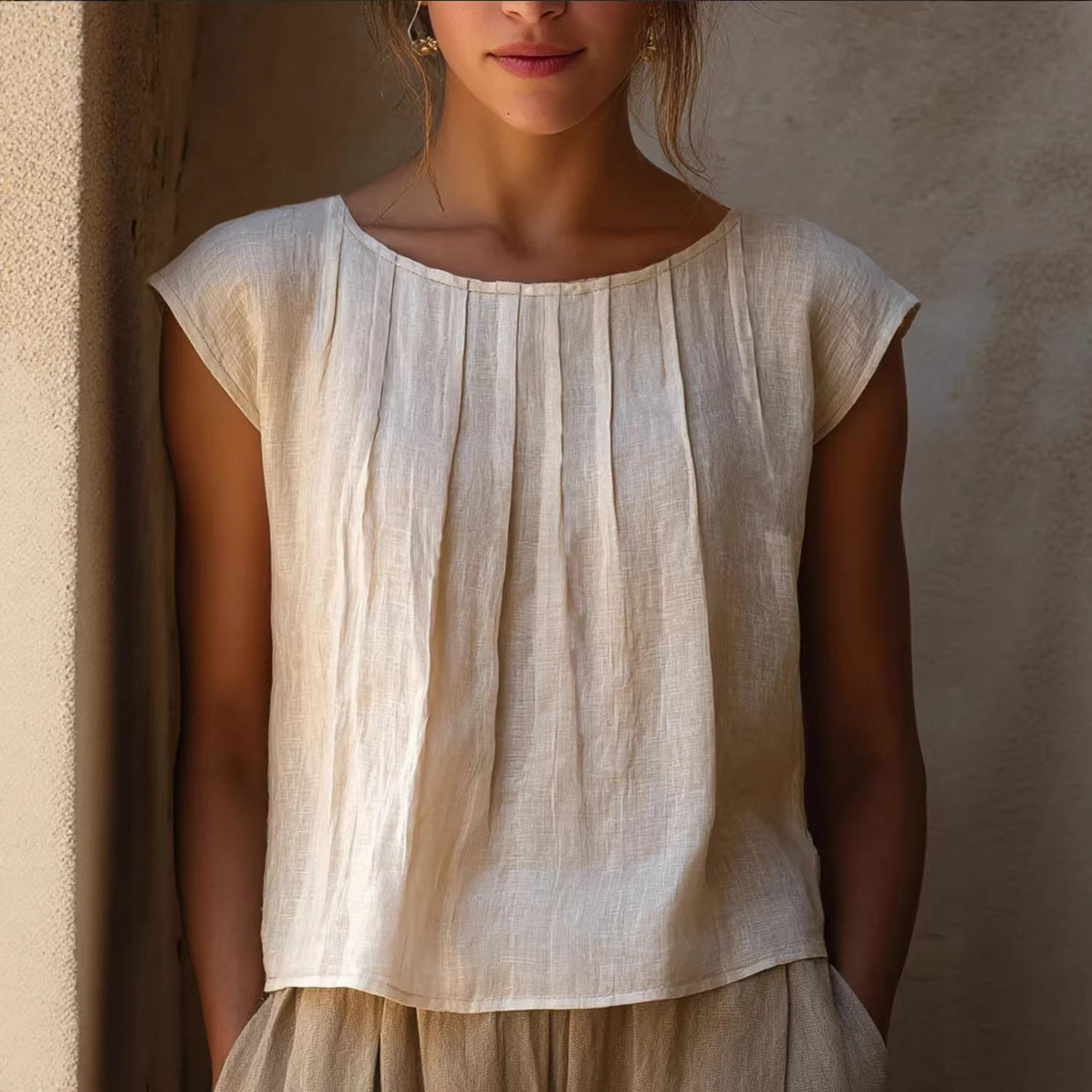 European-Style Ruffle Sleeve Loose Fit Shirt – Apricot, Bamboo Cotton