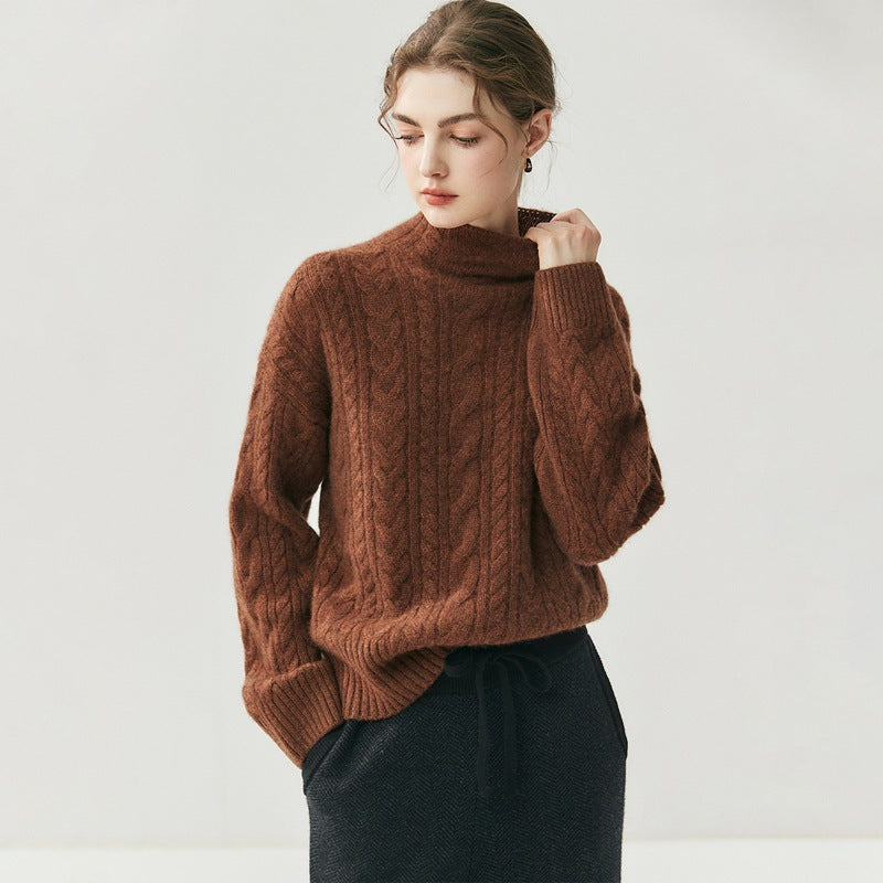 Womens Half-turtleneck Seamed Cable-knit Cashmere Sweater Elegant Artistic and Versatile for Any Look