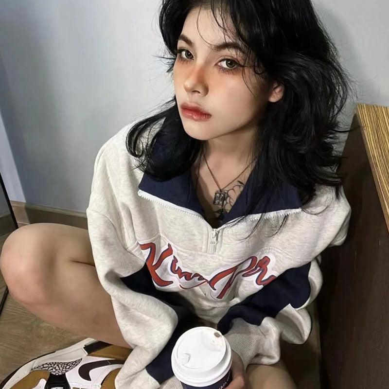 Women's Vintage Zip Polo Sweatshirt - Retro Loose Pullover