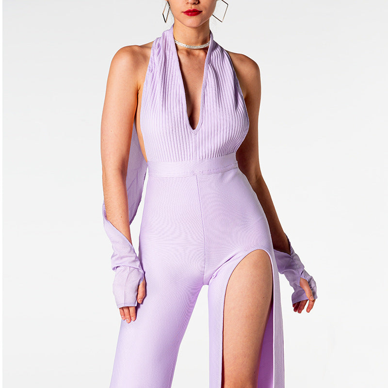 Summer Backless Halter V-Neck Wide-Leg Jumpsuit