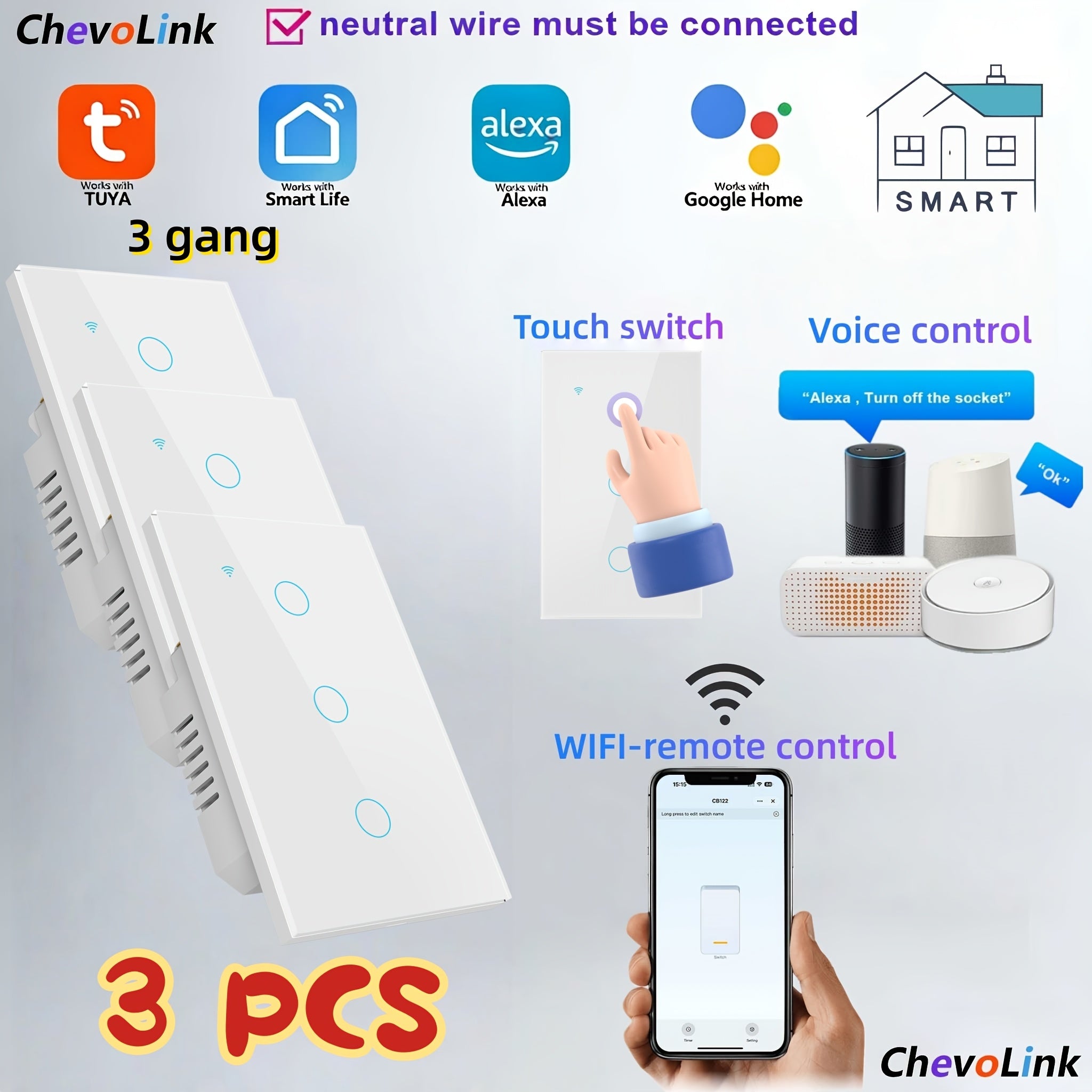 White and Black 3-Gang Smart Wi-Fi Light Switch, US Standard