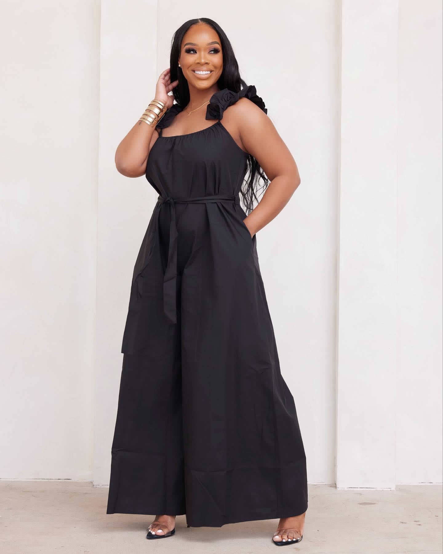 Womens Lace-trimmed Strap Back-cutout Solid-color Jumpsuit