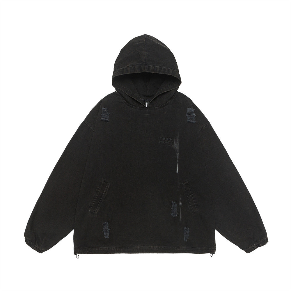 Edgy Distressed Denim Hooded Pullover Streetwear
