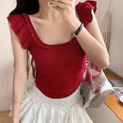 Red Square-Neck Sexy Back Hem Top – Flattering Flight Sleeves