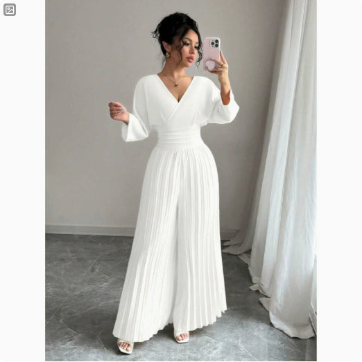 Elegant V-Neck High-Waist Pleated Jumpsuit