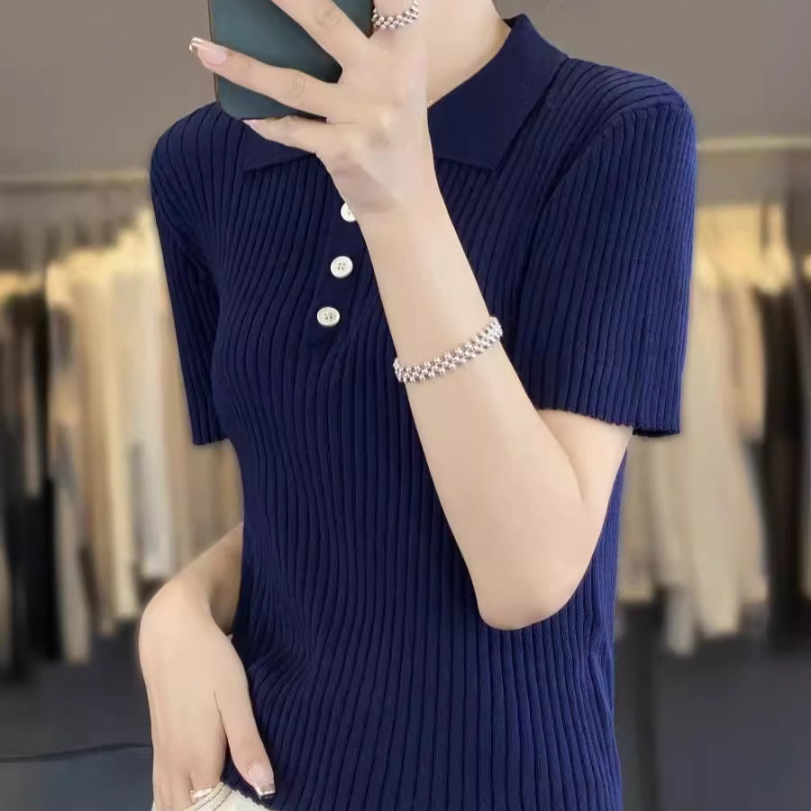 Navy Blue Hollow Striped Short Sleeve