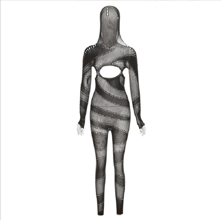 Sexy Lace Hollow-Out Hooded Romper & High-Waist Tights