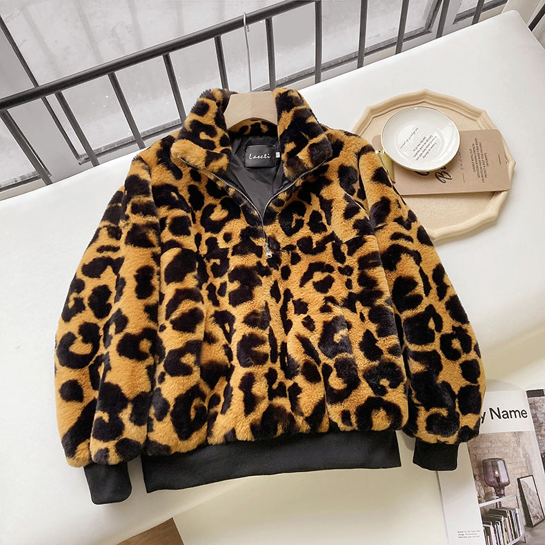 Leopard Print Faux Fur Stitching Women's Winter Sweater