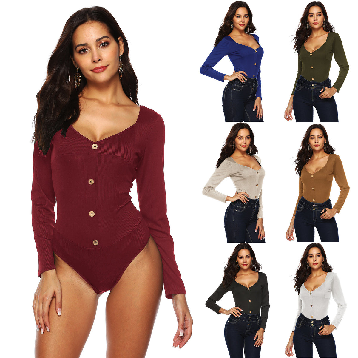 Women's Ribbed Long-Sleeve Backless Deep U Jumpsuit