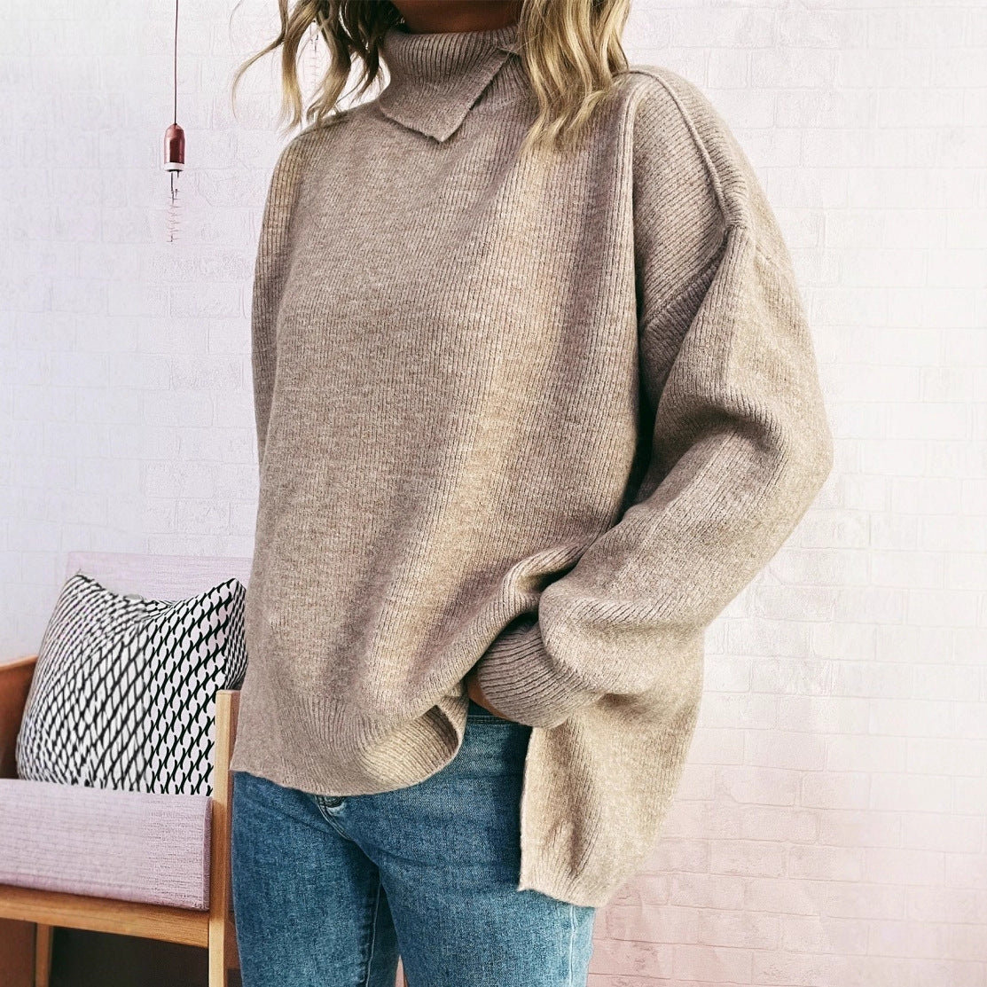 Women's Simple and Irregular Split Turtleneck Solid Color Knitted Pullover