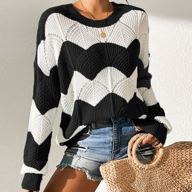 Womens Loose-fit Crew-neck Color-block Striped Long-sleeve Sweater