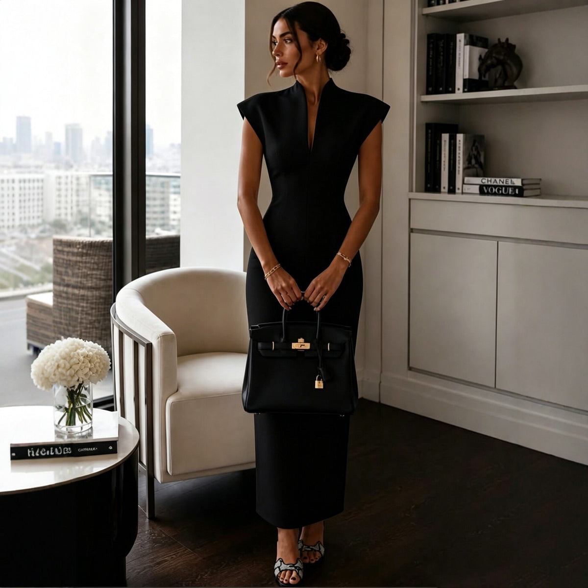 Stand-collar V-neck Sleeveless Waist-cinching Sheath Dress