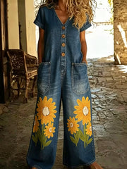 Casual Denim Wide-Leg Short Sleeve Jumpsuit with Pockets