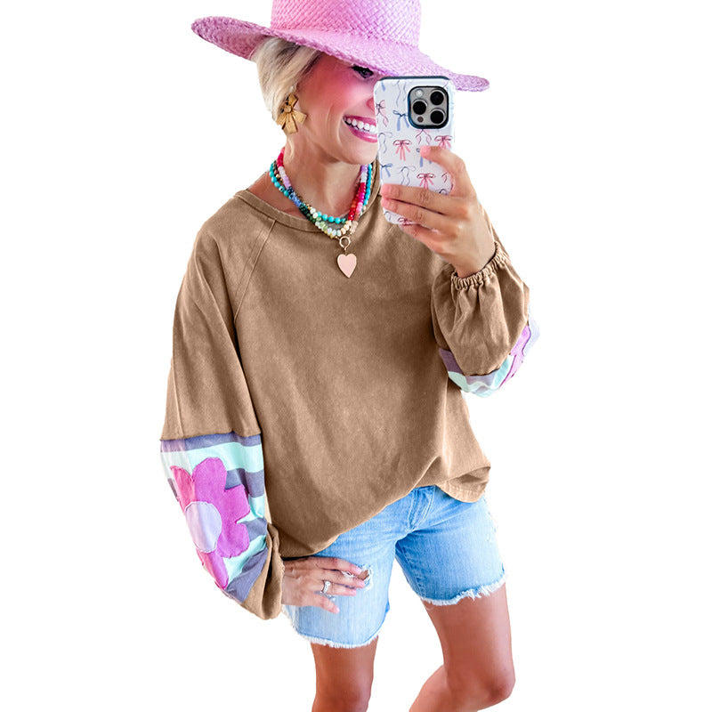 Women's Floral Contrast Color Loose Pullover Sweater