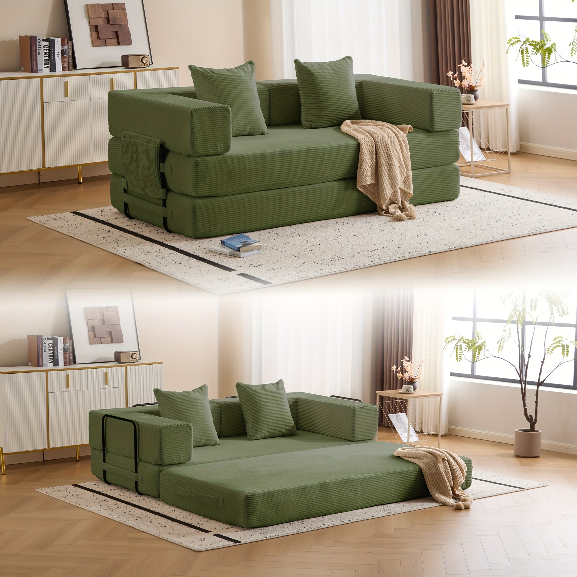 Modular L-shaped chaise longue sofa bed with deep seat and corduroy upholstery