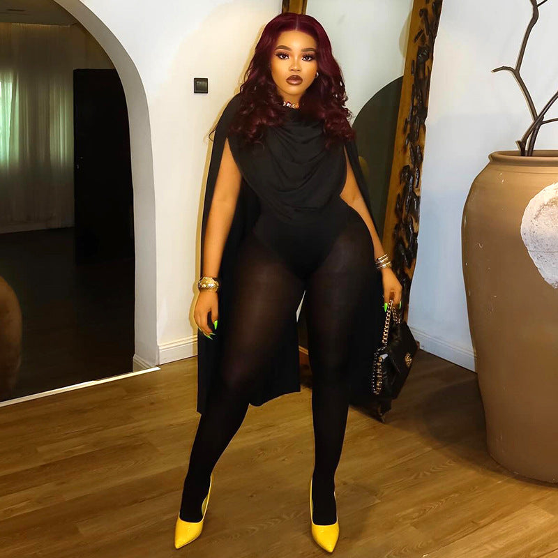 Women's Solid Patchwork Long Sleeve Mesh Jumpsuit