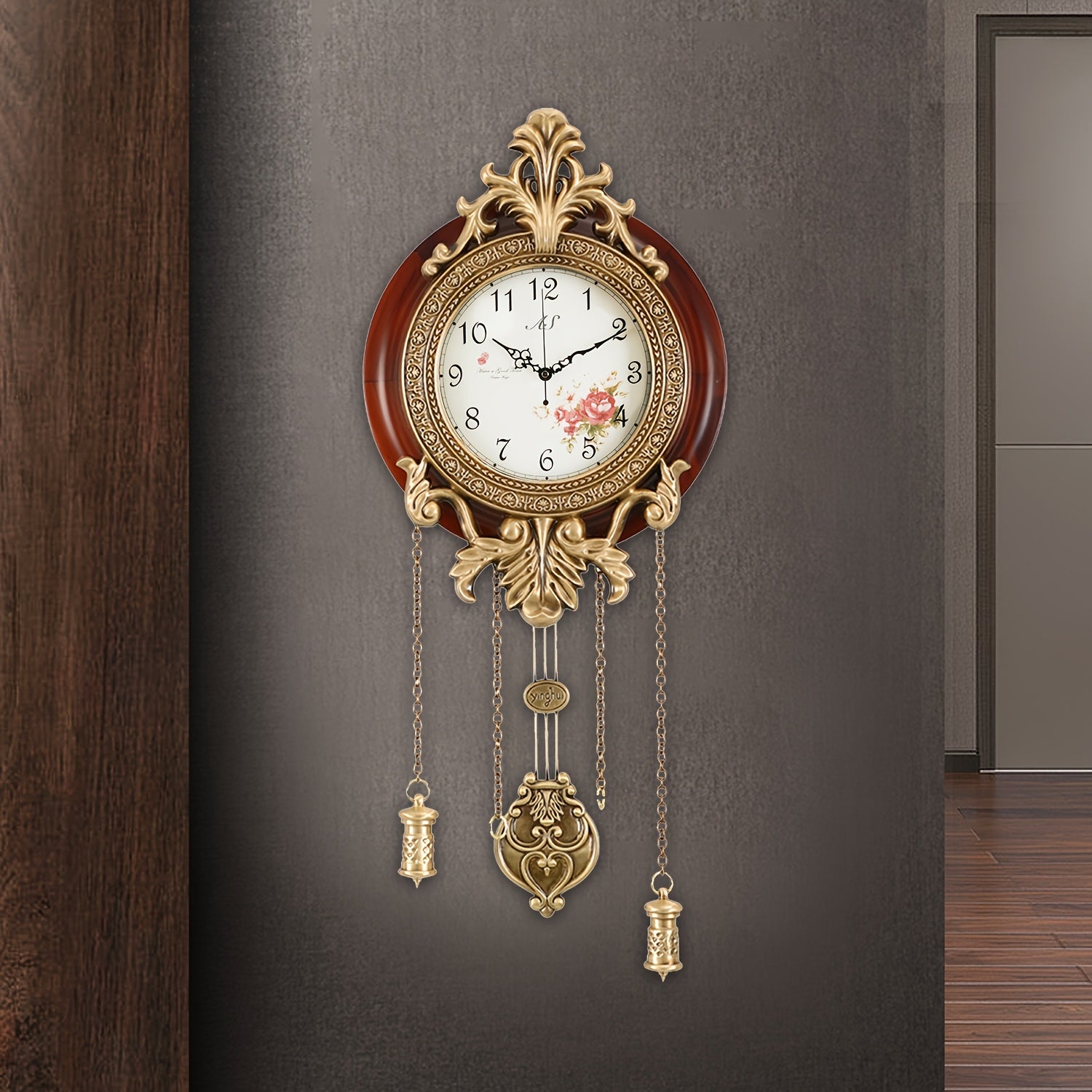 [Elegant Style] Elegant Aero Snail 9" Silent Wall Clock - Vintage Victorian Style with Golden-Carved Floral Design, Battery-Operated Pendulum Clock with Quartz Movement, Perfect for Living Room & Bedroom Decor, Wall Clock Living Room