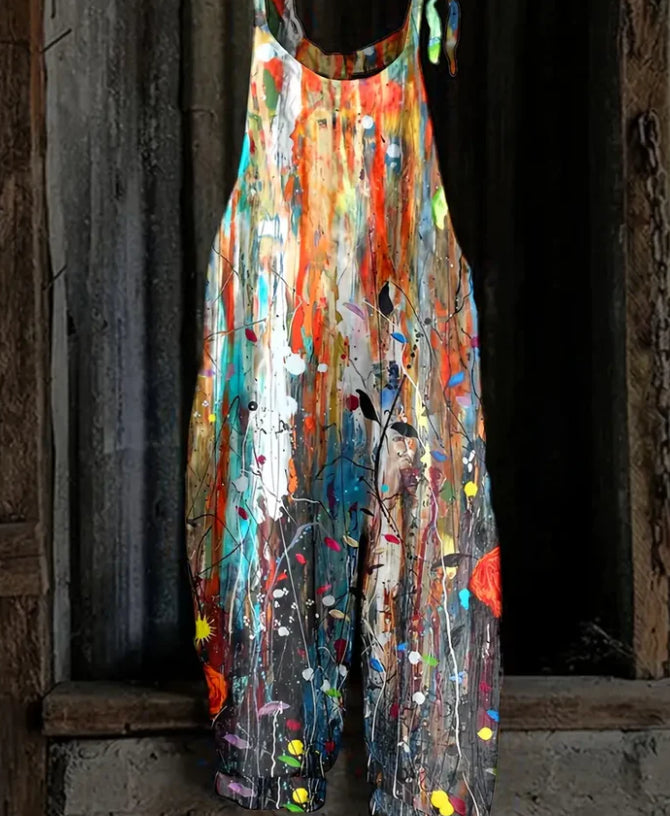 Women's Printed Street Hipster Fashion Multi-color Cotton And Linen Suspender Jumpsuit