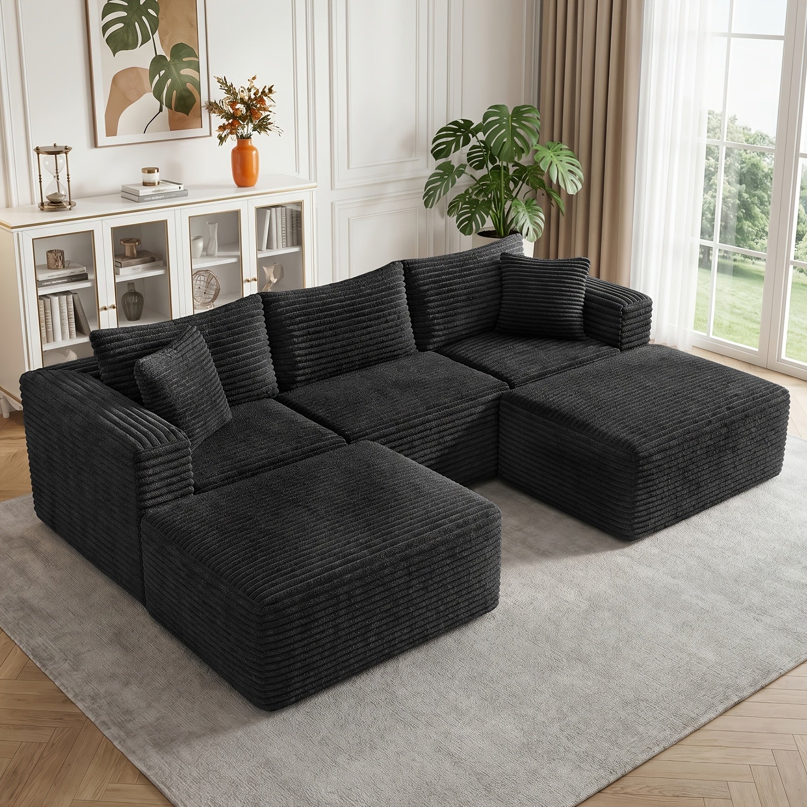 Modular L-shaped chaise longue sofa bed with deep seat and corduroy upholstery