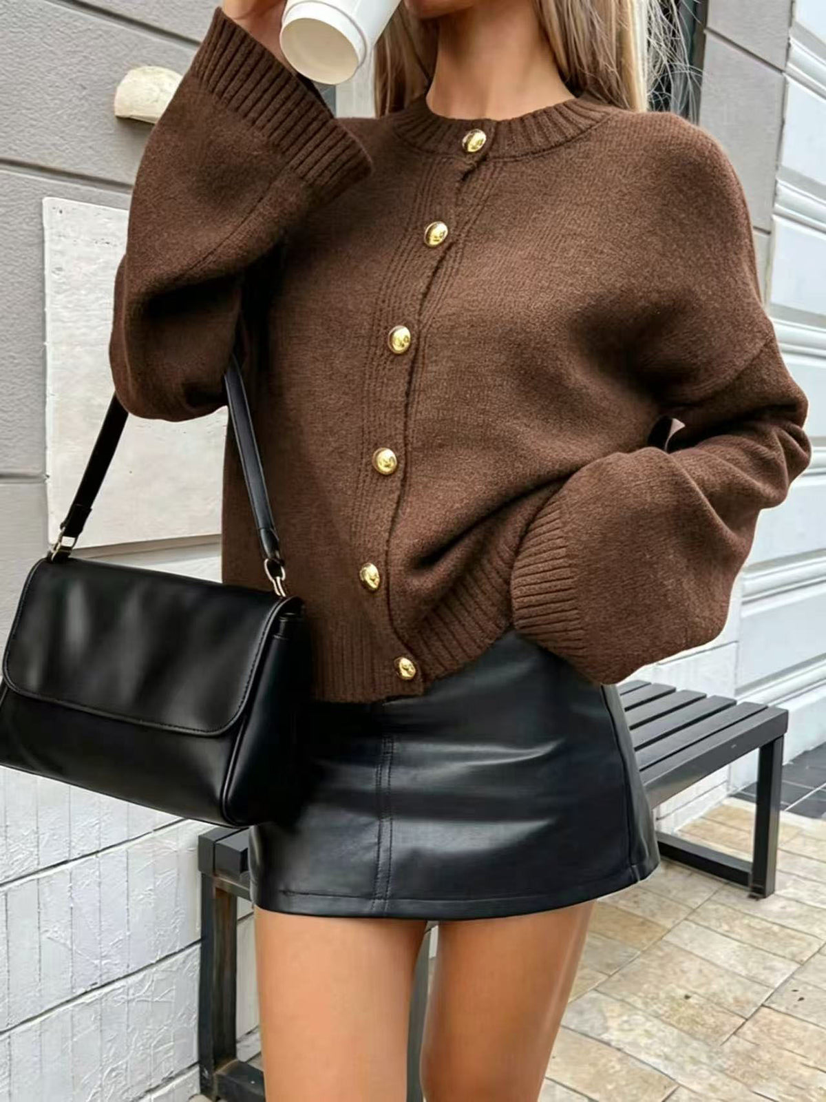 Long-sleeve Knitted Cardigan Crew-neck Loose-fit Sweater Jacket
