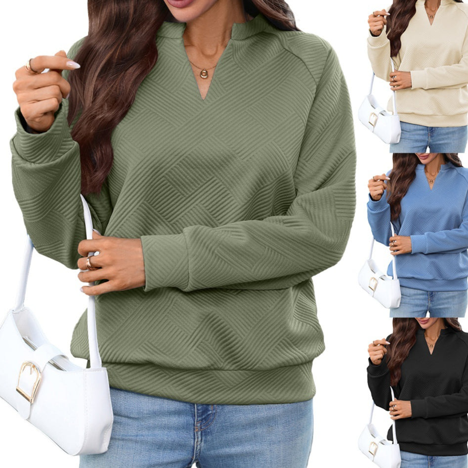 Elegant V-Neck Plaid Long-Sleeve Top – Loose Fit, All-Day Comfort