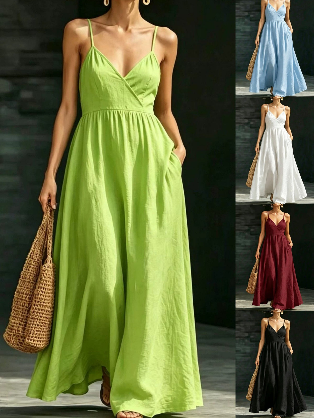 Summer V-neck Spaghetti Strap Maxi Dress with Pockets - Elegant Vacation & Office Wear for Women