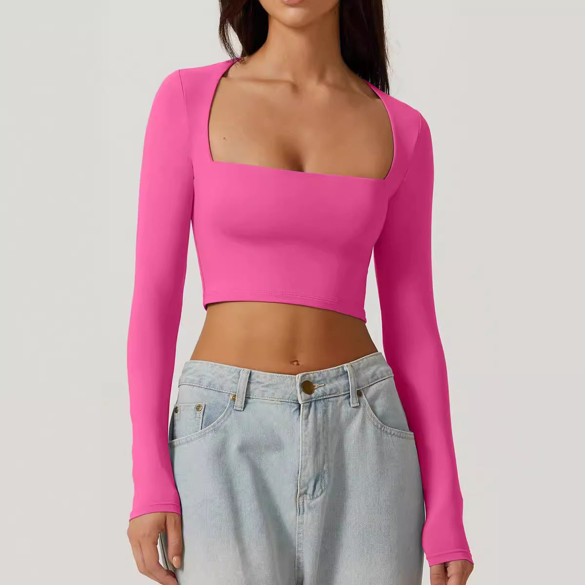 Slim-Fit Cropped Square Neck Top – Ultra-Short Polyester Tee
