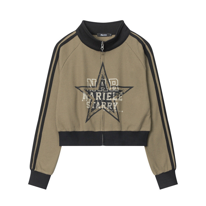 Retro Pink Star Contrast-Trim Cardigan Sweater
