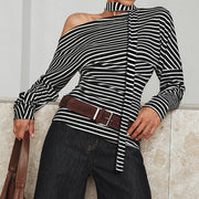 Off-Shoulder Striped T-Shirt – Slim Fit, Long Sleeve, Trendy Streetwear
