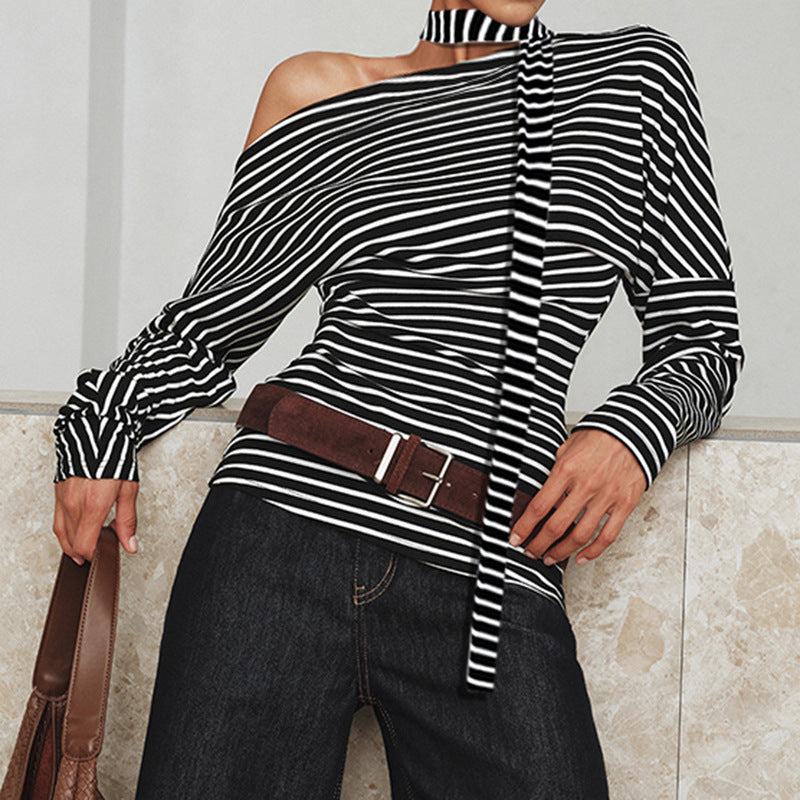 Off-Shoulder Striped T-Shirt – Slim Fit, Long Sleeve, Trendy Streetwear