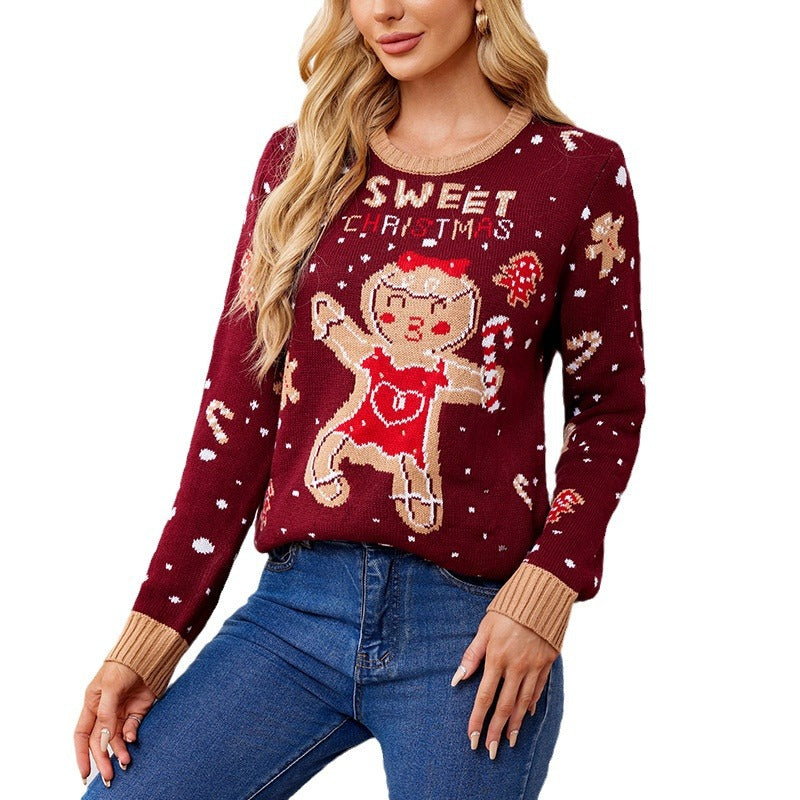 Casual Christmas Sweater for Women with Gingerbread Man Design