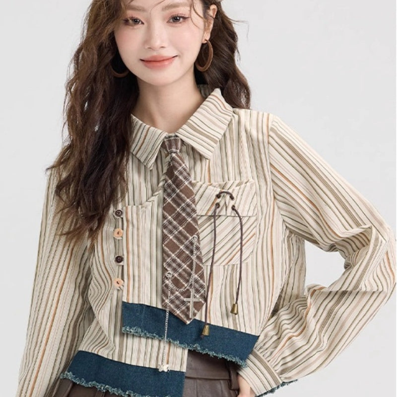 Preppy Style Springsummer Chic Striped Shirt Women's Irregular Short Long Sleeve