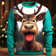 Festive Christmas Elk Print Crewneck Sweater