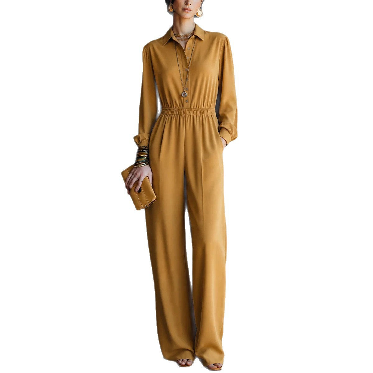Casual Solid Color Pocket Long Sleeve Jumpsuit