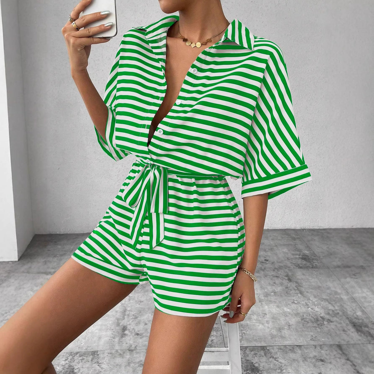 Women's Mid-Sleeve Color-Block Jumpsuit with Belt
