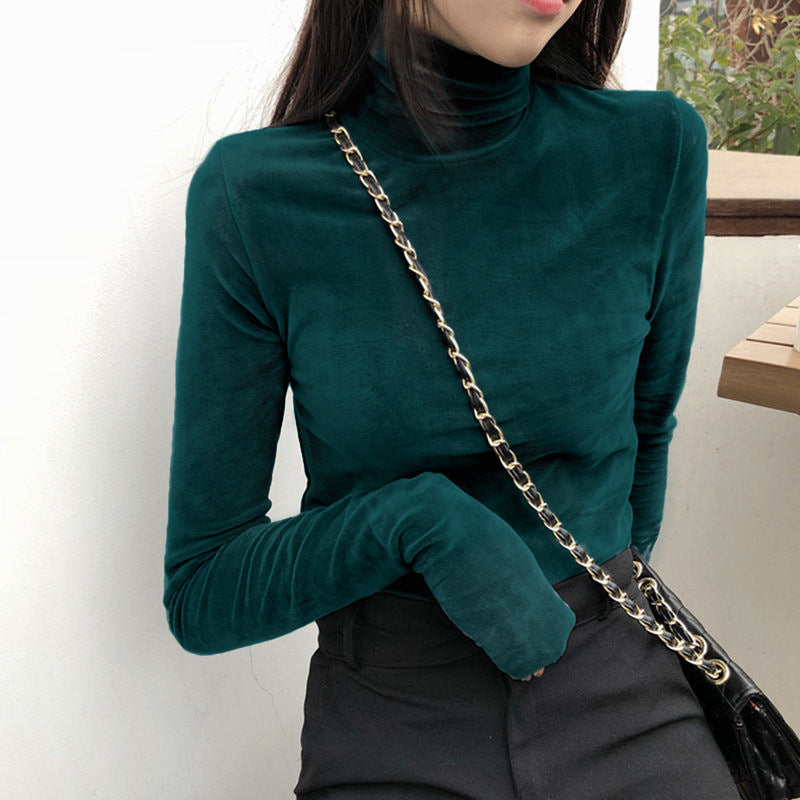 Women's Gold Velvet Turtleneck Thermal Top
