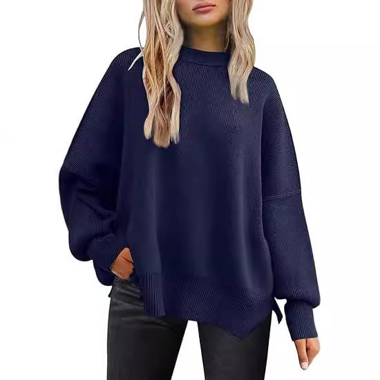Thick Needle Side Slit Sweater Round Neck Loose Solid Color Batwing Long Sleeve Sweater for Women