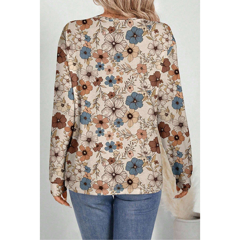 Women's Round Neck Pullover European And American Leisure All-match Floral Print Sweater