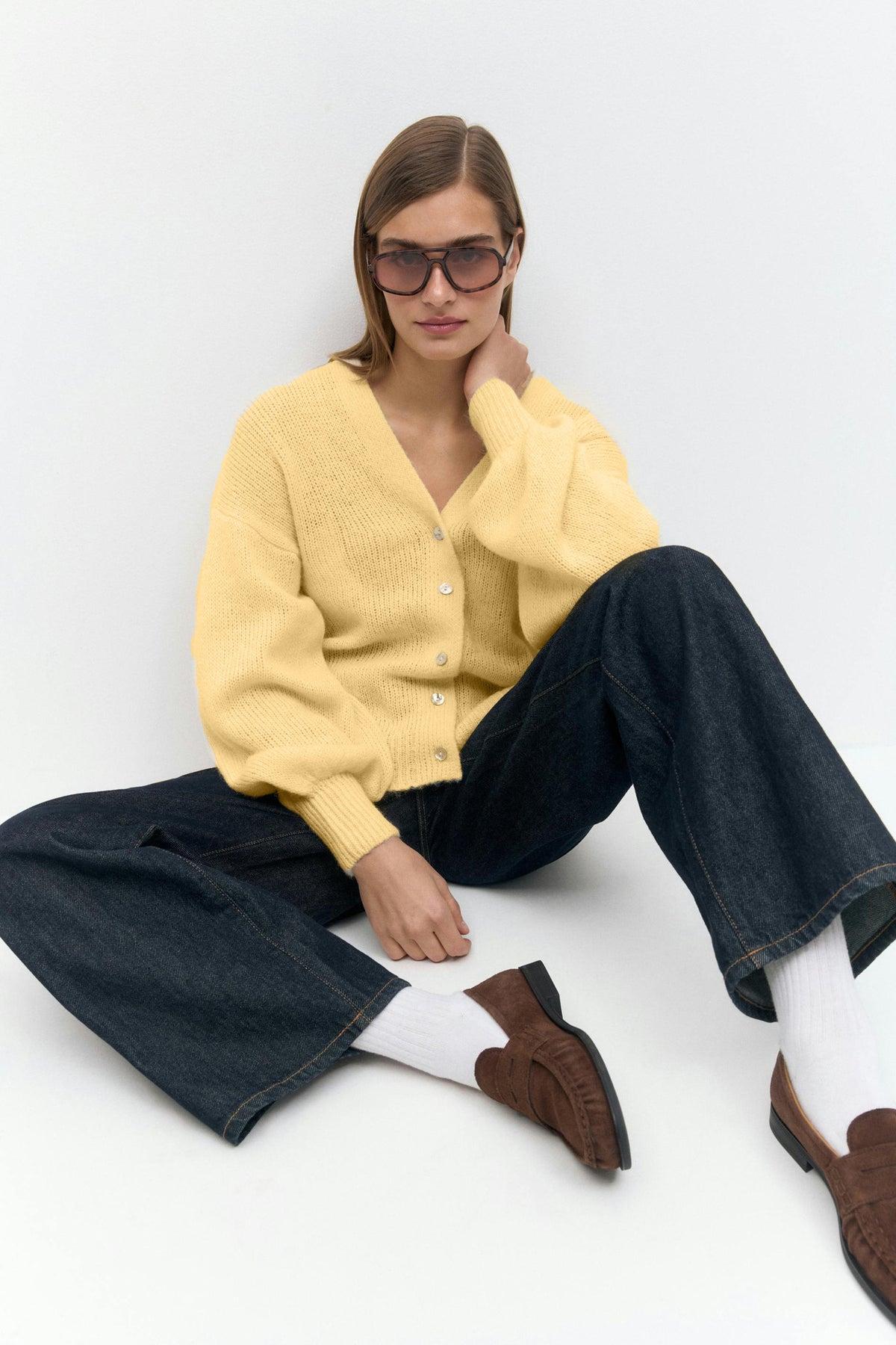 Soft Mohair V-neck Elegant Lazy Style Shell Buckle Lantern Sleeve Sweater