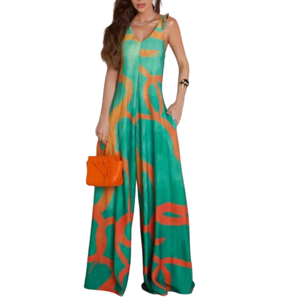 Boho Printed V-Neck Wide-Leg Romper with Pockets