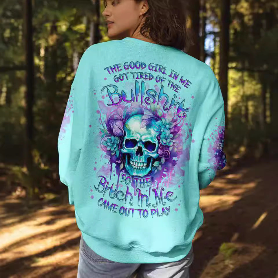 Trendy Green Skull Pullover Hoodie for Women
