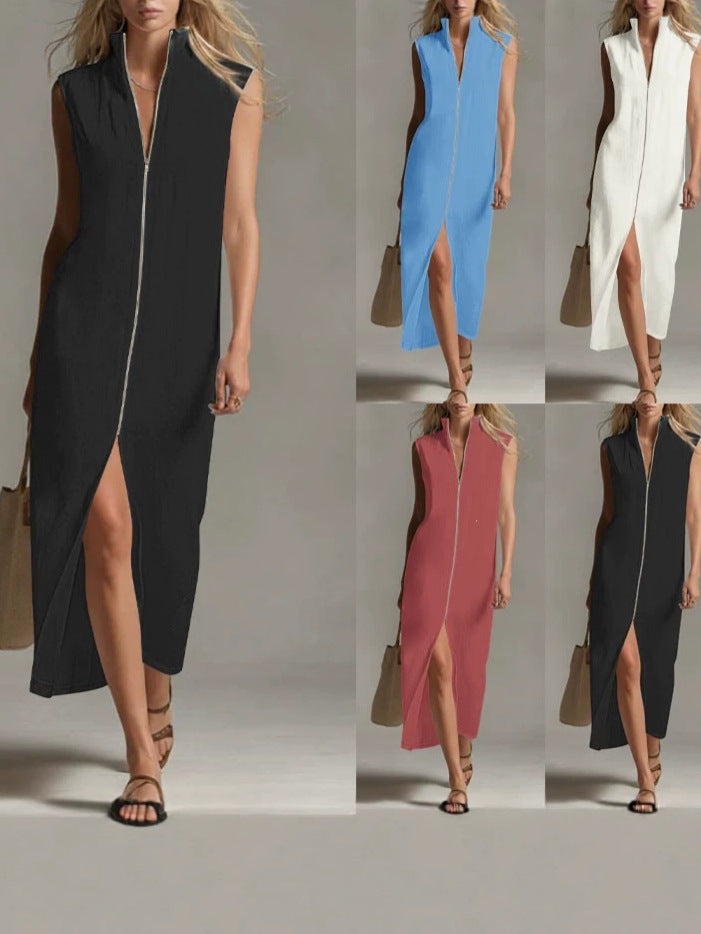 2026 Summer New Arrival Dress Zipper Stand Collar Split Tank Dress…