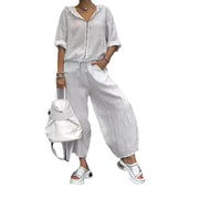 Cotton And Linen Womens Casual Fashion Long-Sleeve Top And Pants Two-Piece Set