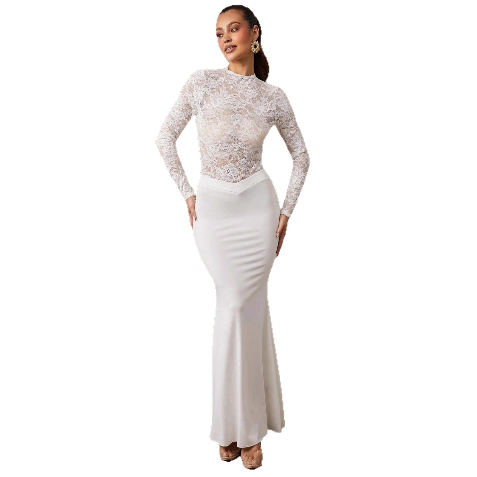 Womens Solid-Color Lace Long-Sleeve Slim-Fit Base Bodysuit