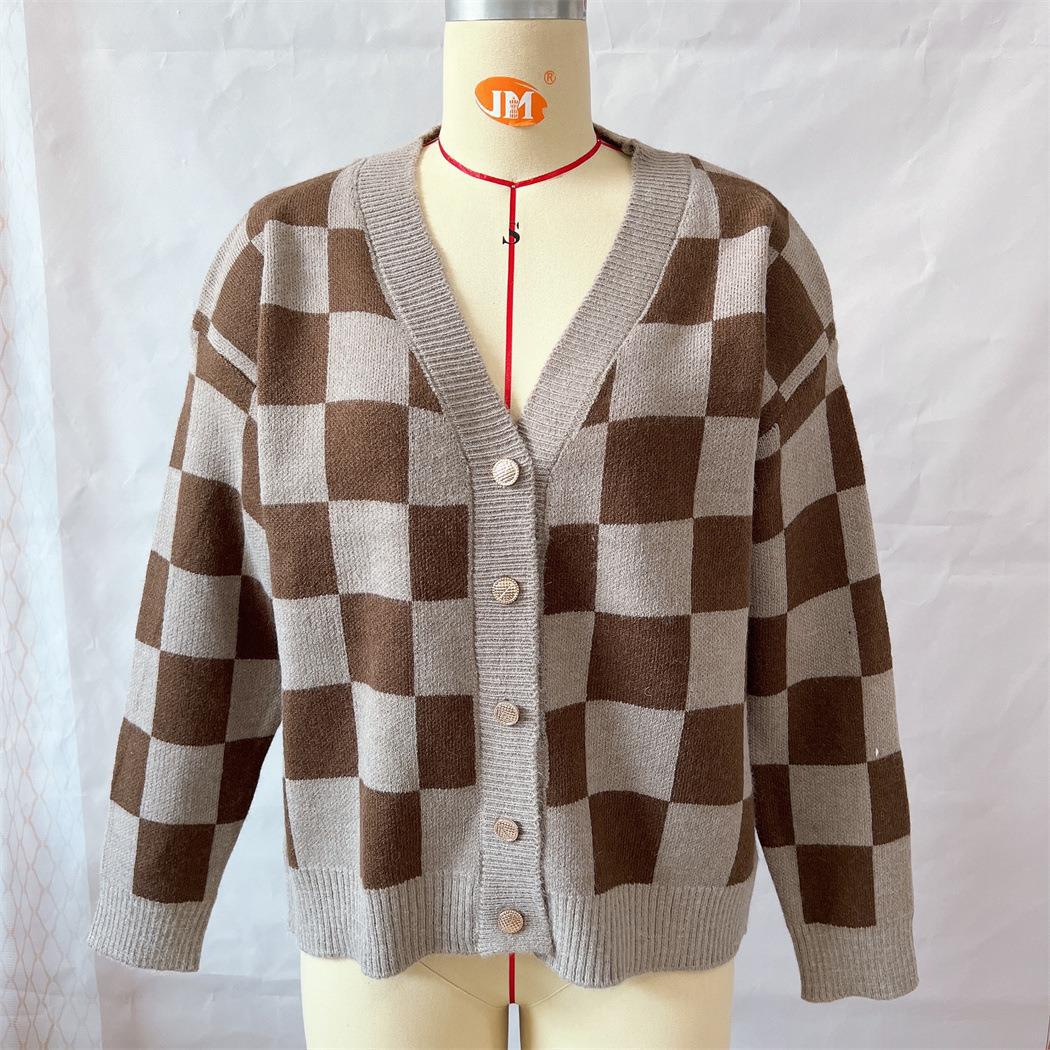Asian Contrast Color Chessboard Plaid Autumn and Winter Women's Sweater