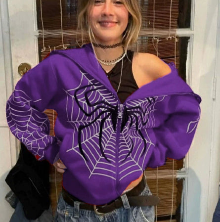 Spider Web Print Zip-Up Hoodie Streetwear Pullover